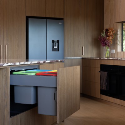 concealed kitchen bins colour coded woodgrain cabinetry 4