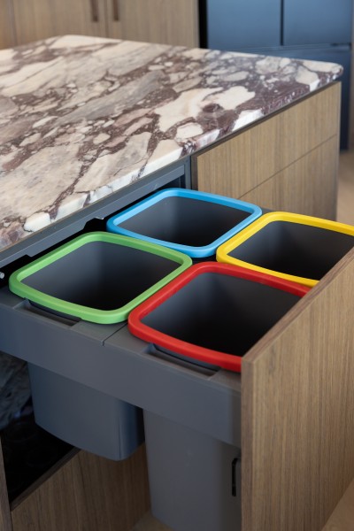 concealed kitchen bins colour coded woodgrain cabinetry 3
